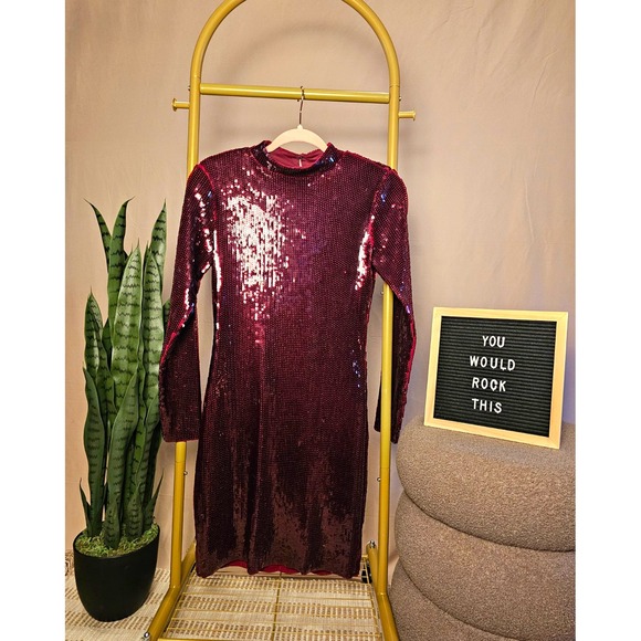 Express Dresses & Skirts - Express Burgundy Sequin Long Sleeve Open Back Mock Neck Bodycon Mini Dress M NEW